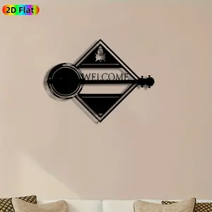 1pc Banjo Welcome Metal Wall Art, Charming Banjo Statue Mural, Ideal Gift for New Year, Easter, Western Decor Enthusiasts, Rust-Resistant Metal Wall Decor Wall Sculptures, Perfect for Porch Wall & Garden Fence, Unique Outdoor Welcome Decor