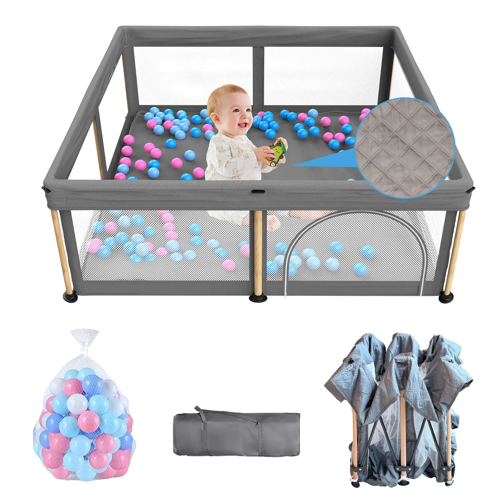 Foldable Baby Playpen，indoor & outdoor use for Babies and Toddlers，50x50 Inch Portable Activity Center with  Zipper Gate,Mat,Breathable Mesh& 50 Ocean Balls,,Printed Wood Grain