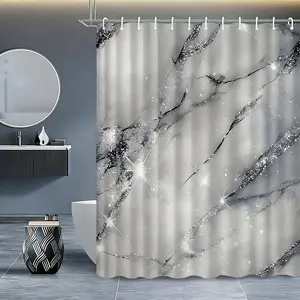 1pc Luxury Silver Color Marble Pattern Bathroom 4 Piece Set, Waterproof Bathroom Curtain Set with Mat and Runners, Modern Simple Design for Stylish Bathroom Decor, Shower Curtain Sets