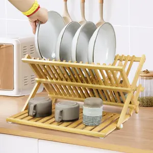 KKTONER Bamboo Dish Drying Rack with Utensil Holder 3 Tier Collapsible Drainer Rack with Dish Drying Mat for Kitchen Counter (Natural)