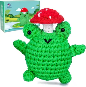 Crochet Kit for Beginners, Beginner Crochet Animal Kits with Chunky Yarn and Step-by-Step Tutorial Videos, Learn to Crochet Kits for Adults and Kids, Craft Supplies, Crochetta Mushroom Frog(40%+ Yarn)