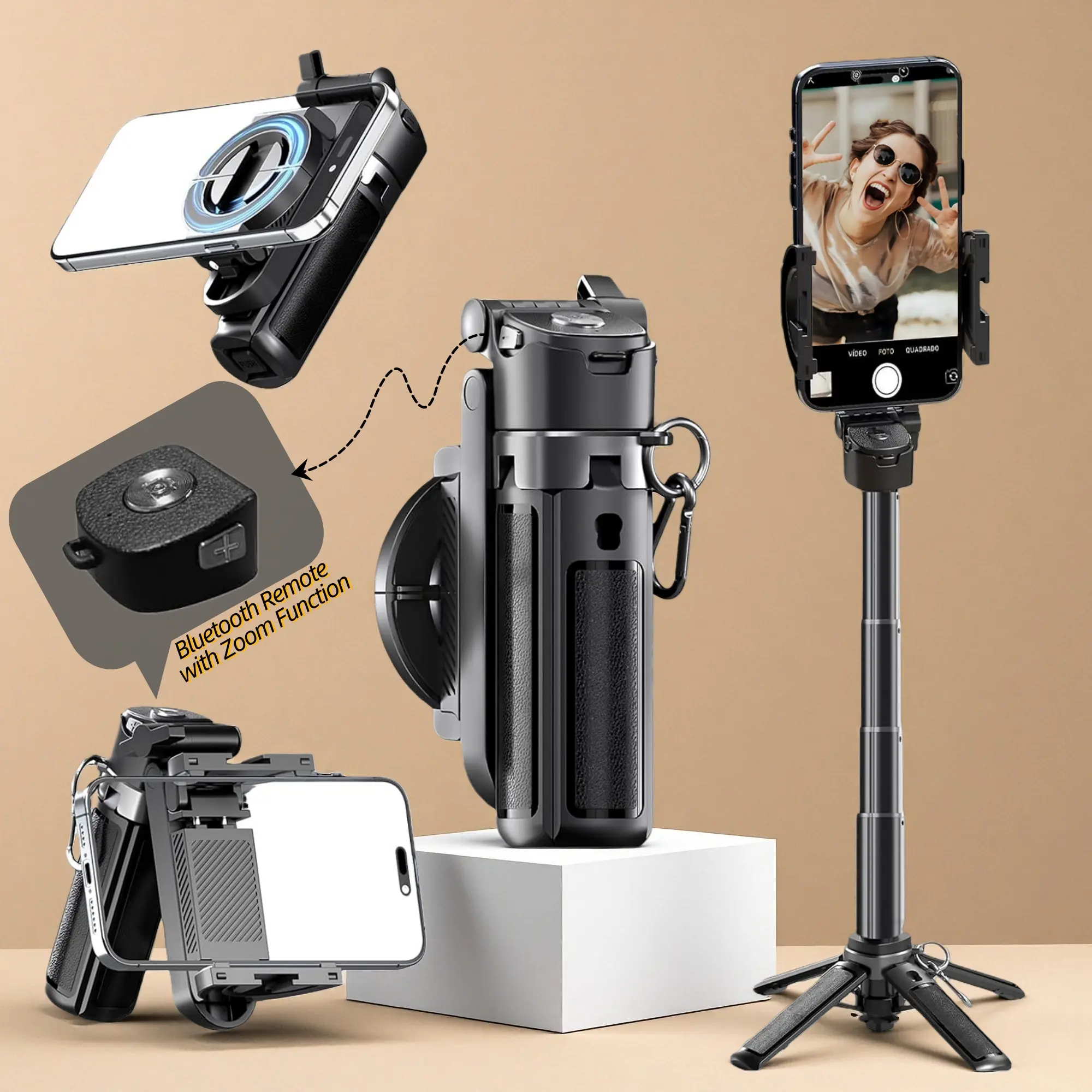 Magsafe Phone Tripod Stand with Zoom Remote for iPhone, Portable Mini Extendable Selfie Stick Suitable for Shooting Vlog, Selfie, Video Recording, Live Broadcast
