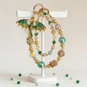 Bling Dragon Beaded Bag Chain Sparkly Rhinestone Purse Charm Keychain with Green Dragon and Colorful Beads