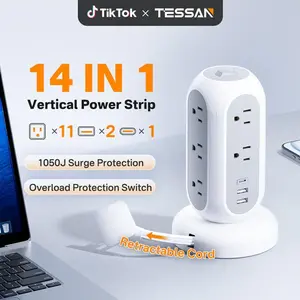 TESSAN Tower Power Strip Extension Socket with USB C 11 Outlets & 3 USB Ports 1625W Surge Protector Protection for Home Office Dorm Room Essentials TESSAN Tower Power Strip Extension Socket with USB C 11 Outlets & 3 USB Ports 1625W Surge Protector Protection for Home Office Dorm Room Essentials