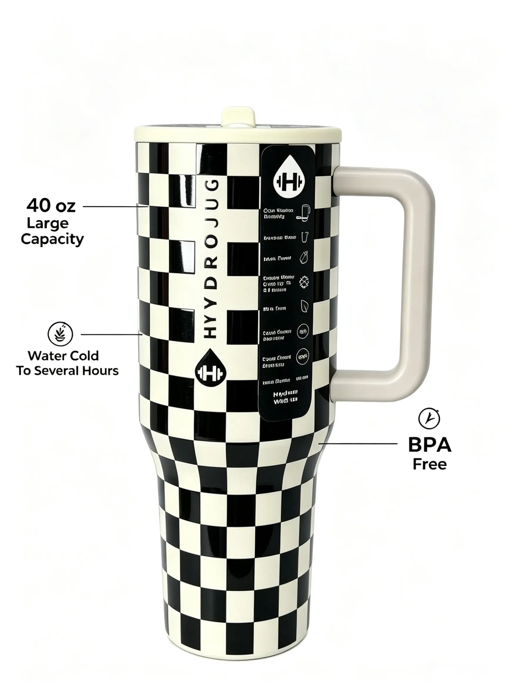 HydroJug Checkerboard Gingham 40oz (1,000-2,000 ml) Insulated Leak-Proof Explosion-Proof BPA-Free Portable Water Bottle Mug with Ergonomic Handle, Lightweight Stylish Kitchenware Drinkware for On-the-Go Use