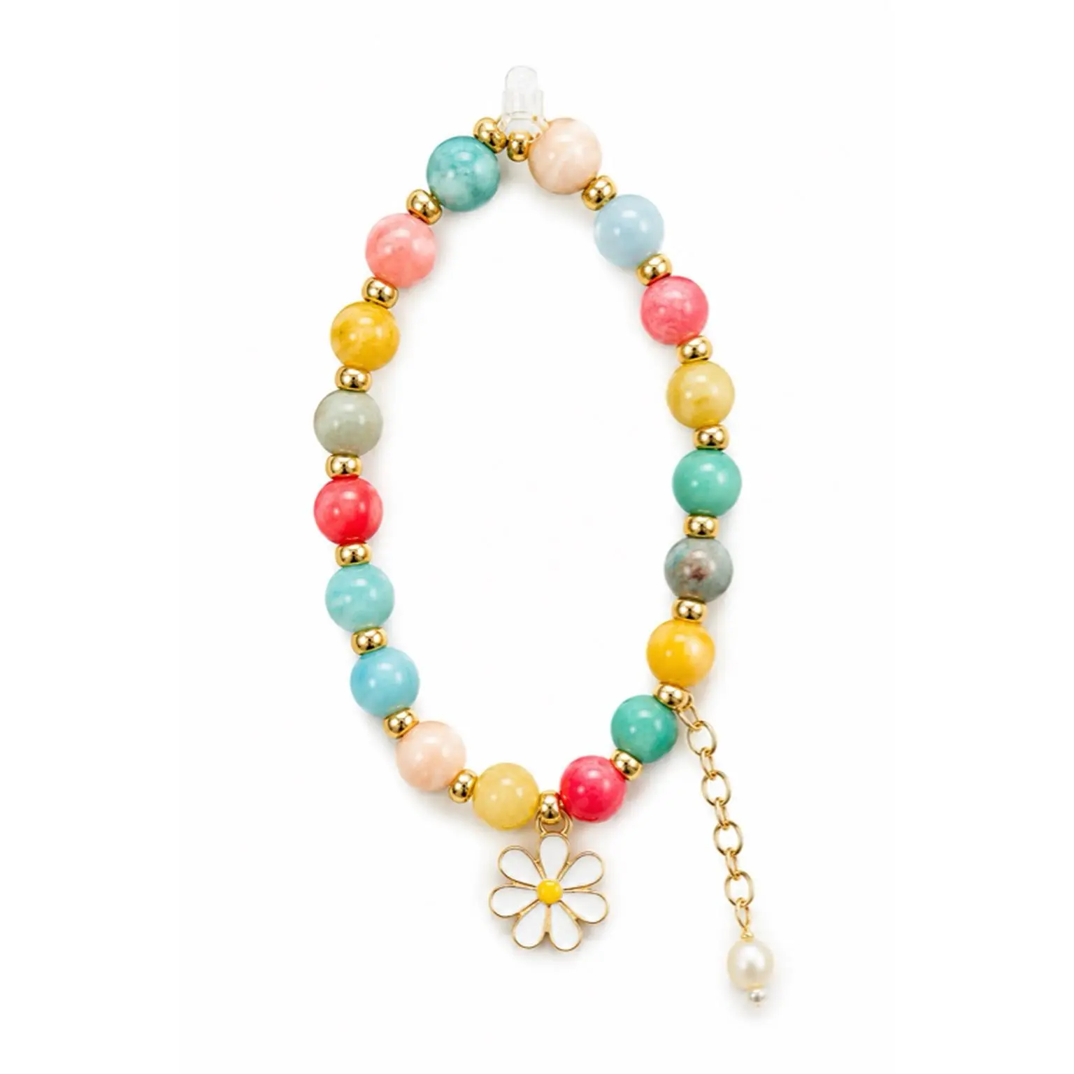 Beaded Bracelet with Sunflower Charm - Colorful Beads and Gold Chain - Perfect for Summer