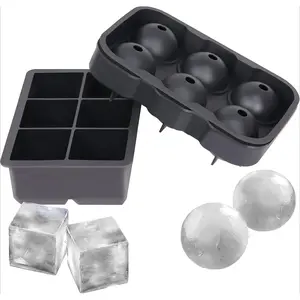 2Pcs Silicone Ice Cube Trays Black Spherical mold (7 x 5 x 2.2 IN)+ Square mold (6.5 x 4.4 x 2.0 IN) Kitchenware - Home Improvement.