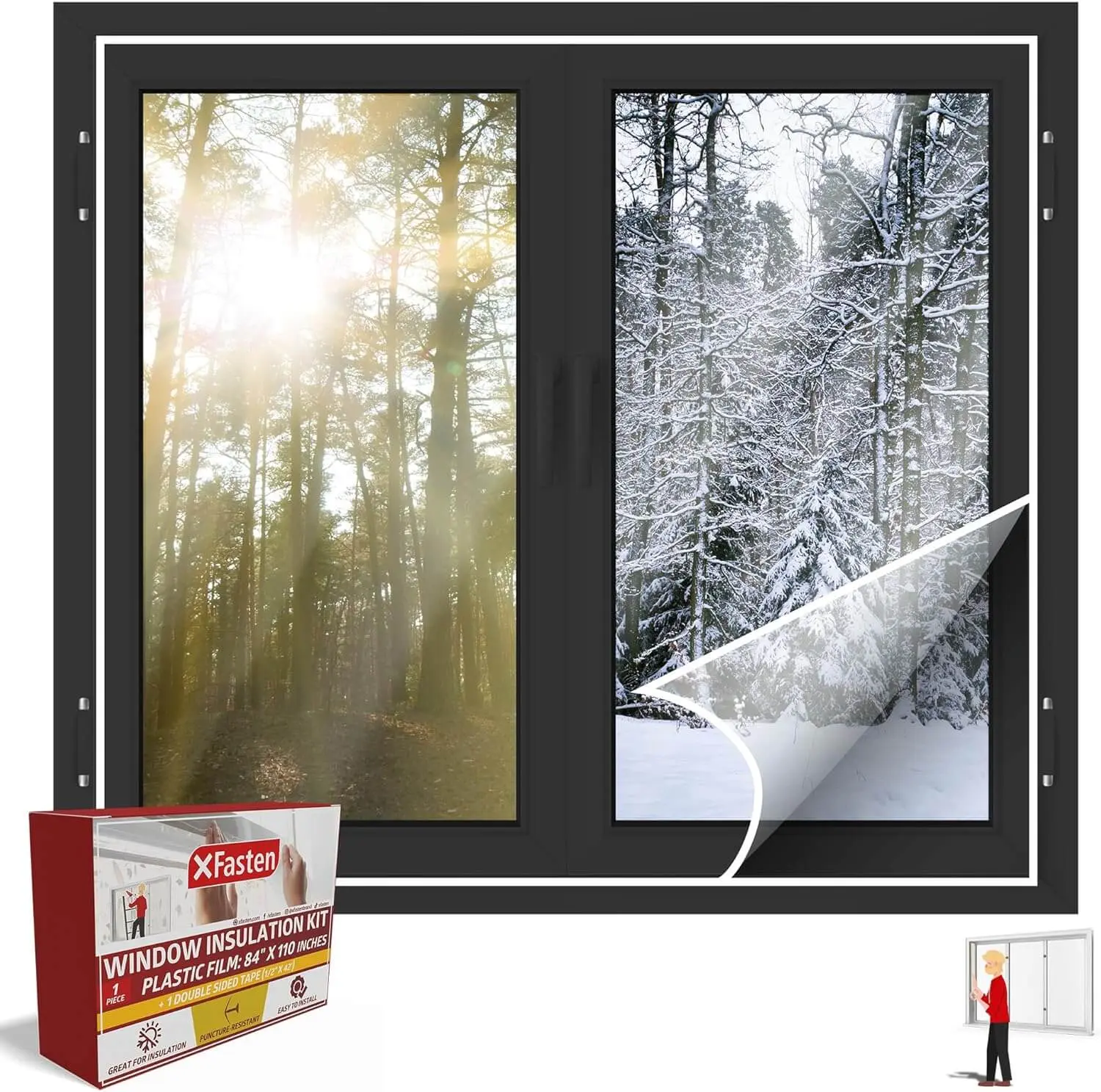 XFasten Window Insulation Kit Clear Plastic Window Covering, Heat and Cold Insulation Film with Window Seal Tape (84-Inch x 110-Inch)