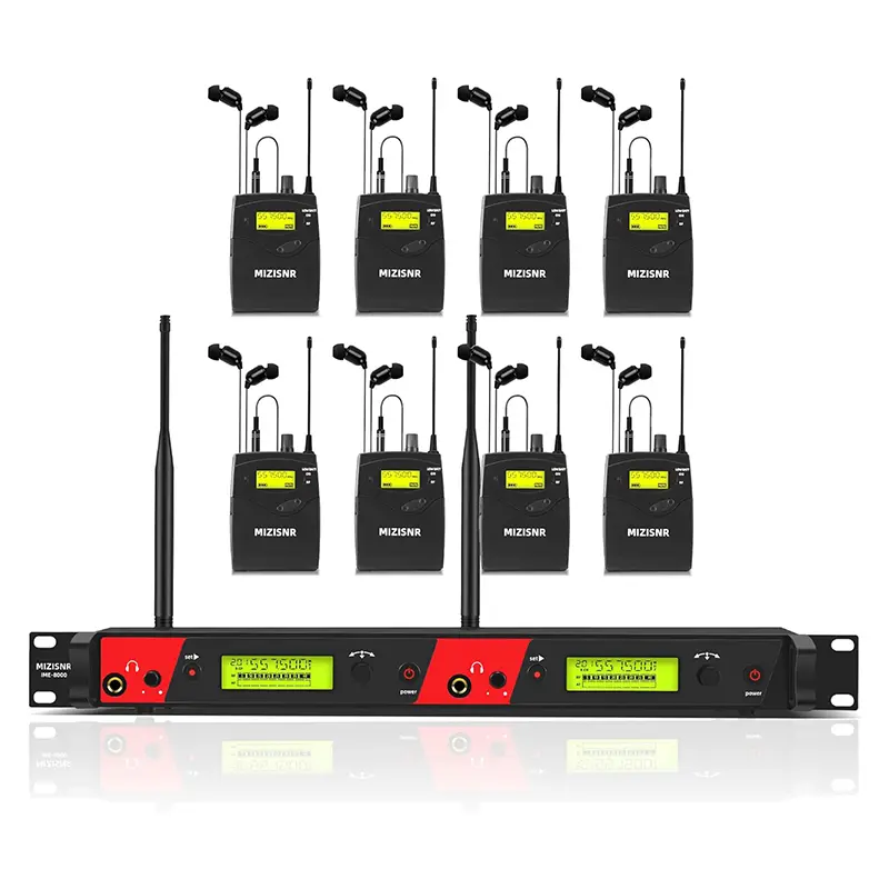 Pro Mono Wireless In-Ear Audio Headphone Monitor System (IME-8000) Box Set - 2-Channel Metal Rack Mount, 8 Bodypacks, 2x40 Freq UHF, 330ft Range, Plastic Adapter, LCD Display, Lock & Sync Functions, Durable for Musicians, Stage Connection