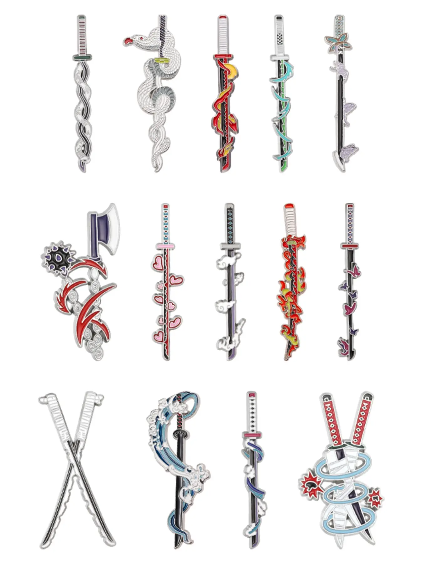 14-Piece Demon Slayer Sun Blade Enamel Pins Set, Drop Set Pins, Metal Pin, Collectible Pins, Perfect Accessory for Fans, Breathing Method Lovers & Character Weapon Collectors
