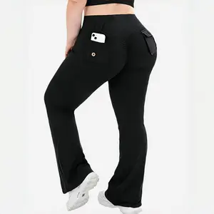Plus Size High Waist Flare Yoga Pants Pocket Butt Lifting Slim Leg Stretch Trousers