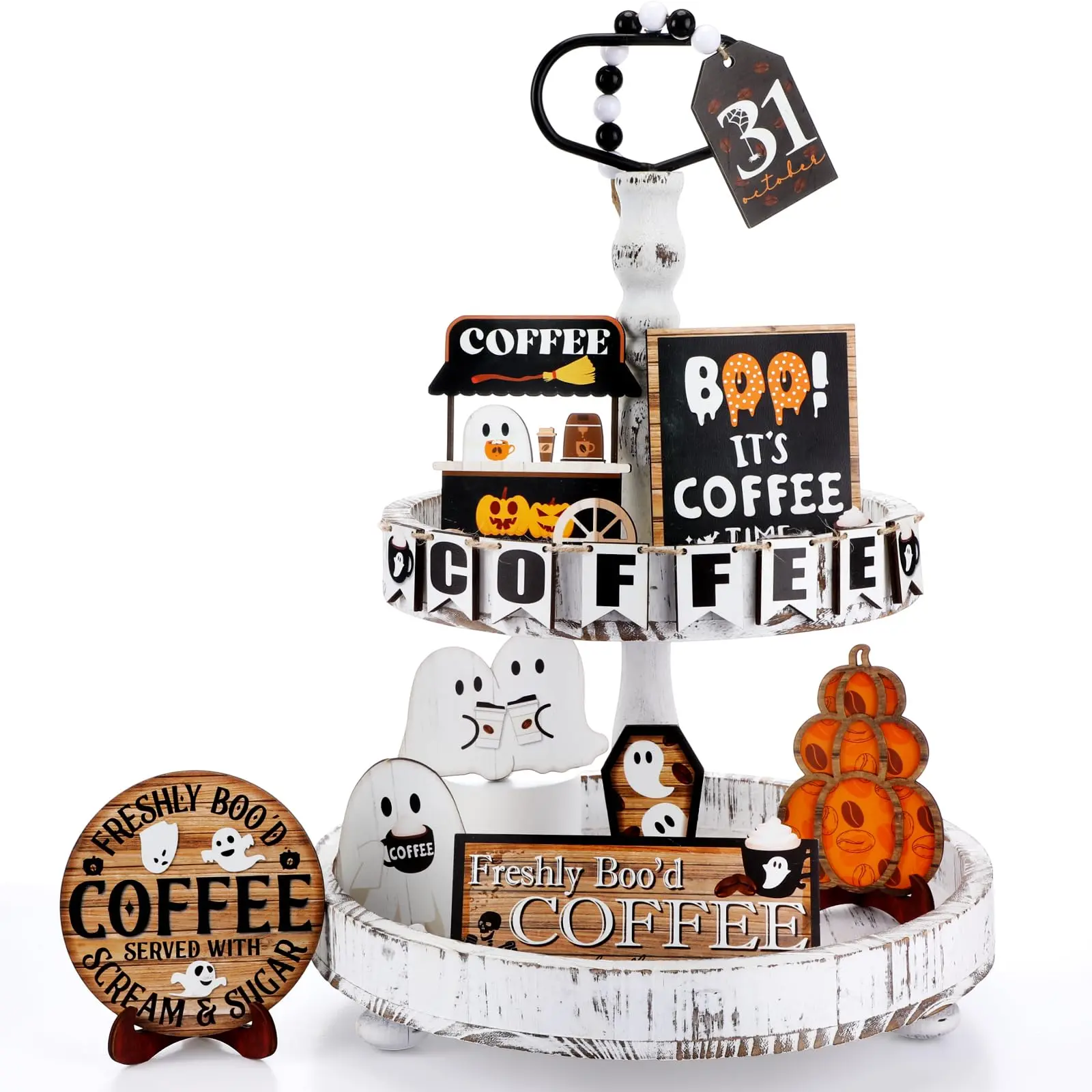 17-Piece Halloween Layered Tray Decor Set, Vintage Wooden Pumpkin Ghost Trays, Rustic Farmhouse Home Table Party Supplies
