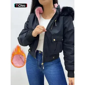Women’s contrast faux fur trim hooded thermal-lined jacket, casual long-sleeve zip-up outerwear with button pockets for autumn and winter; women’s clothing for everyday wear? gift?? Women's Coats