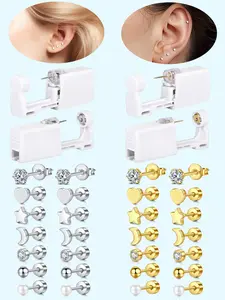 Fashion Stainless Steel Heart Cubic Zirconia Faux Pearl Flat Bottom Earrings Set, Ear Piercing Kit, Home Self-Piercing Tool, Valentine's Gift