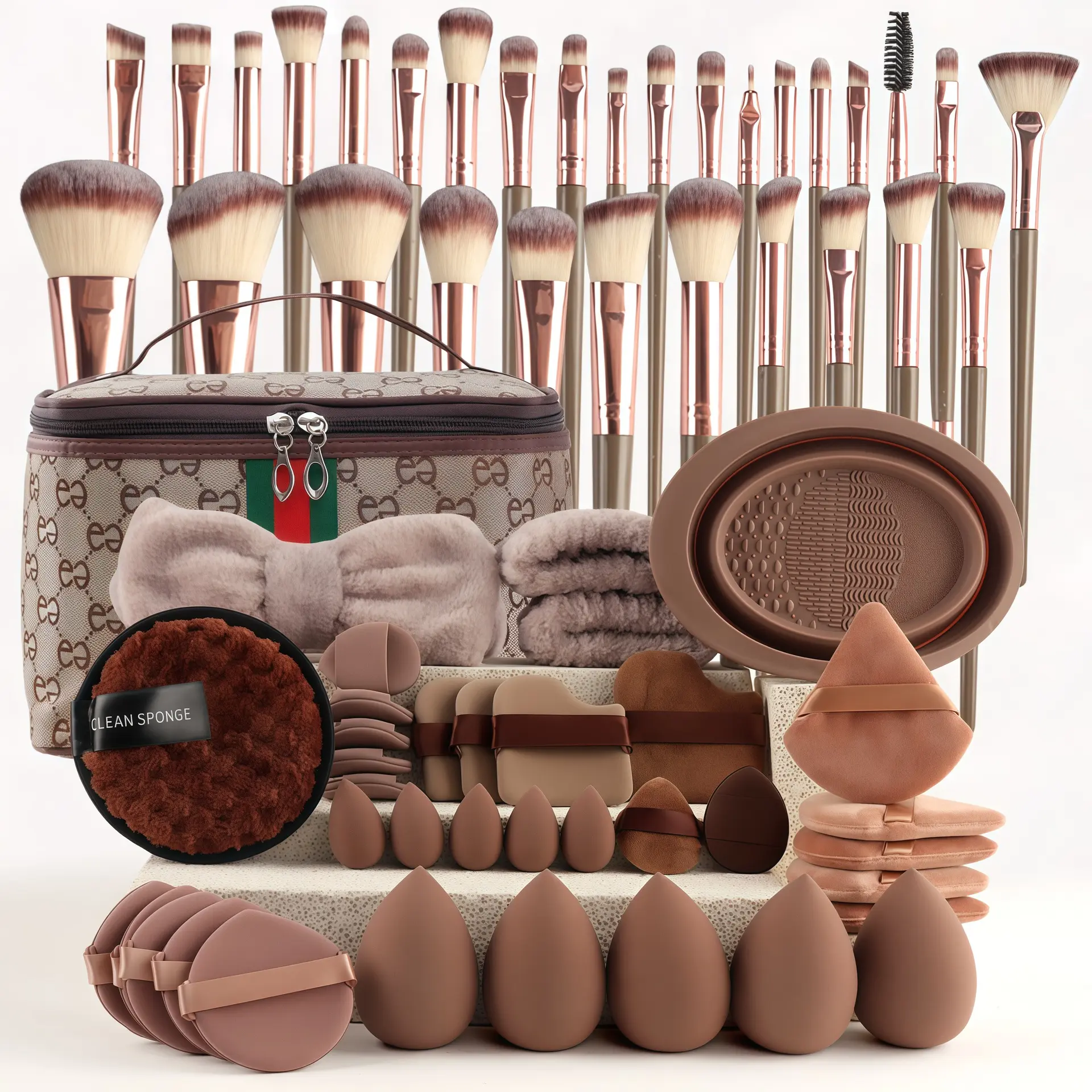 67 Piece Premium Makeup Brush Set Brown with Puff Cosmetic Storage Bag All In One Beauty Tools for Foundation Blending Contouring Ideal Gift Daily Use