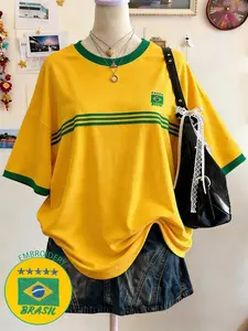 Brazilian Digital Print Casual Oversized Mid-Length Round Neck Drop Shoulder Women T-Shirt, Gift For Friends