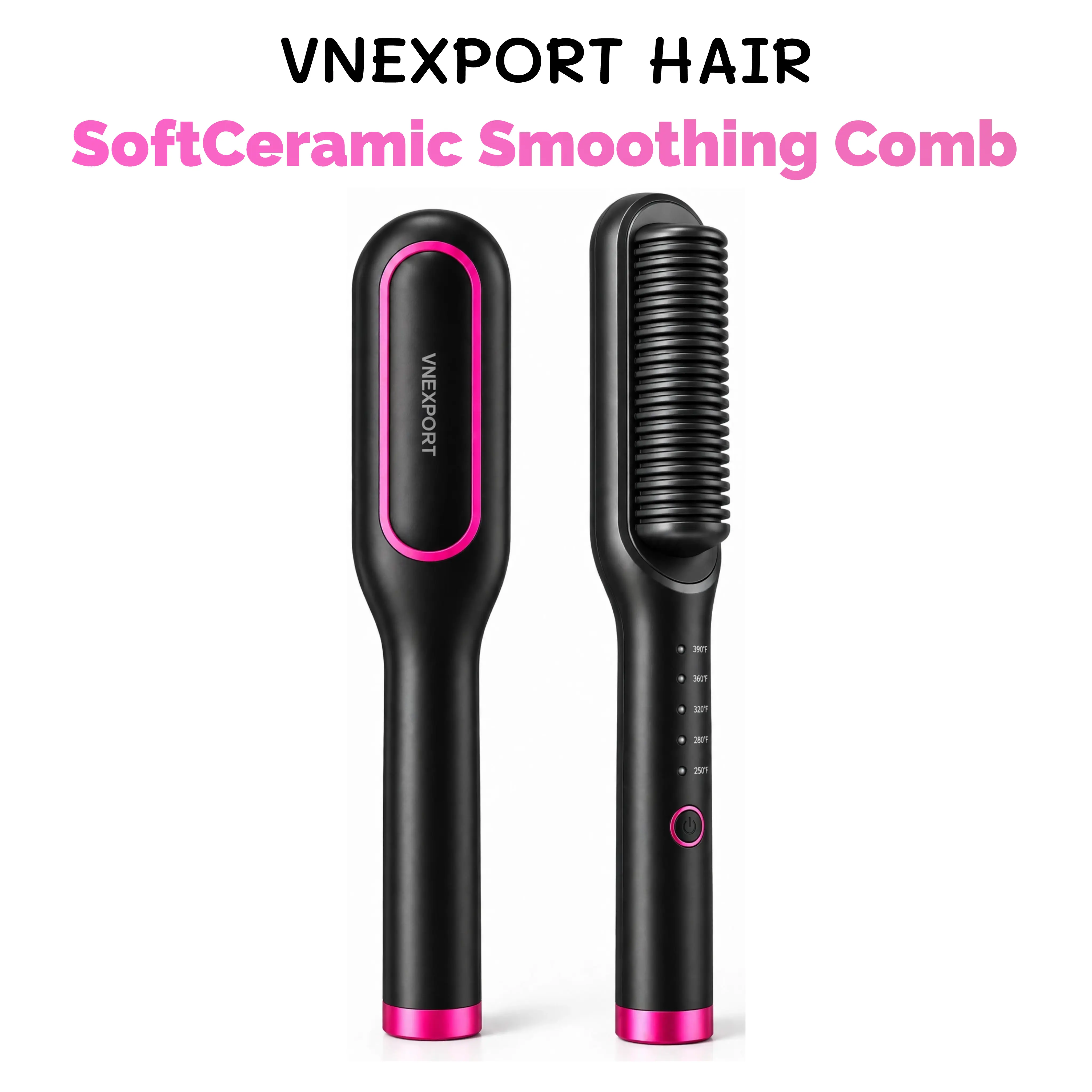 VNEXPORT Ceramic Hair Straightening Brush for Frizzy & Wavy Hair, 5 Heat Settings 250°F–390°F, Fast PTC Heating, Heat-Guard Comb Design, Dual Voltage Styling Brush