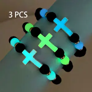 3 Pieces Exquisite Halloween Luminous  Bracelet Natural Volcanic Rock Handmade Beaded Men and Women Bracelet Elastic Design Exquisite Gift for Friends blue