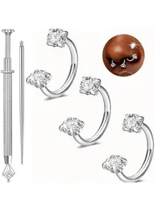 2 Piece Set Hoop Nose Rings Studs, Stainless Steel Titanium Alloy Cz Piercing Jewelry, Includes Tool for Lips Eyebrows Cartilage Nasal Piercings, Nose Piercing Kit