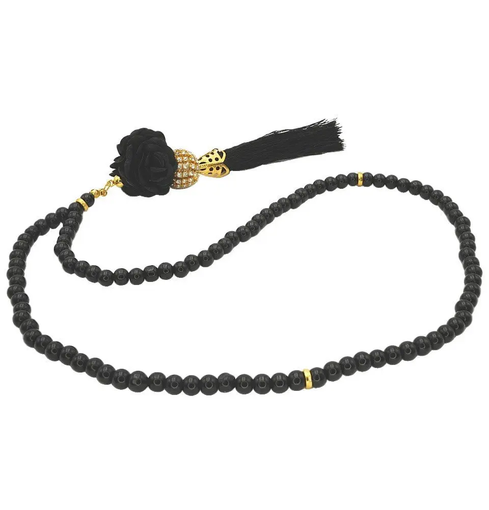 Islamic Tesbih Acrylic Pearl 99 Count Prayer Beads with Rose & Rhinestone Bead - Black