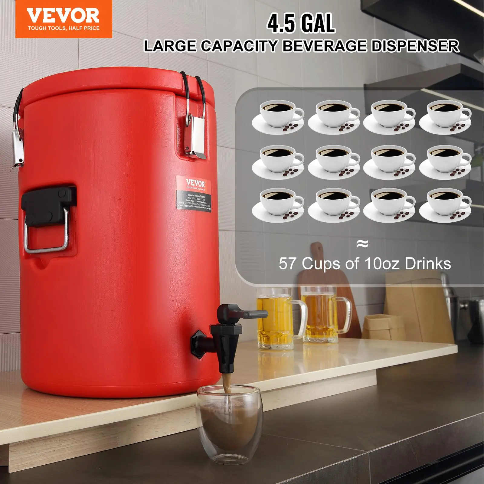 【summerfinds】VEVOR Stainless Steel Insulated Beverage Dispenser, 4.5 Gallon 17.2 Liter, Thermal Hot and Cold Drink Server Dispenser with Spigot Handle, Food-grade for Hot Tea Coffee Water Restaurant Drink Shop Cover Drinkware
