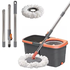 Spin mop and bucket set featuring a microfiber mop with a spin-dry function; hands-free automatic spinning and drying; dual-bucket design; suitable for hardwood, tile, and marble floors.