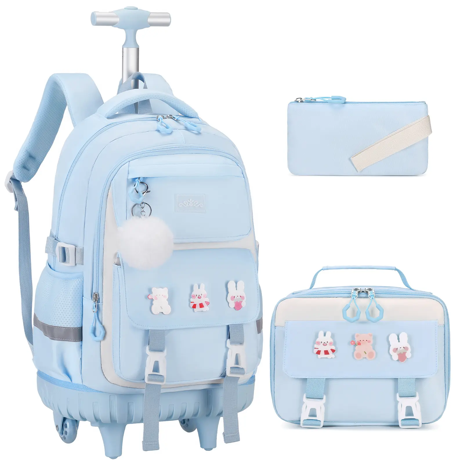 SIMILOVE Girly Foldable Wheeled Backpack for Elementary School Girls - Backpacks for School Set Pack, Multi-Function Kit with Lunchbox, Pencil Case, Cute Pins, Matching Pouch & Included Accessories (Pink)