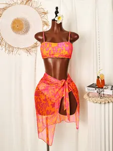 Women's Fashion Bikini Three-Piece Swimsuit Set, Stylish Floral Print Swimsuit for Beach and Pool, Comfortable and Sexy Bathing Suit, Swim Top Set, Swimsuit Style Bikini