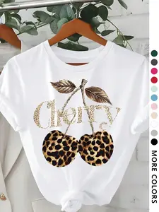 Women's Cherry & Leopard Print Round Neck Graphic Tee, Vintage Trendy Casual Short Sleeve T-shirt for Daily Wear, Ladies All Seasons Outfit, Top
