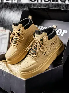 1 Pair Men's Khaki Black Color Block High Top Platform Casual Shoes Retro Workwear Style Leather Soft Comfortable Daily Wear