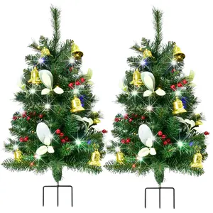 Set of 2 Christmas Tree Outdoor - Prelit Xmas Tree w/ 80 LED Multi-Color, for Outside Holiday Display Yard Front Porch Pathway