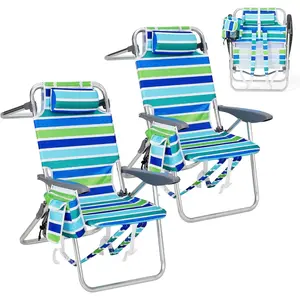 2 Pack High Backpack Beach Chair for Adults, Lightweight Portable Lay Flat Folding Beach Chair with 5 Positions, Backpack Straps, Phone Pocket, Cup Holder, Cooler Pouch & Towel Bar