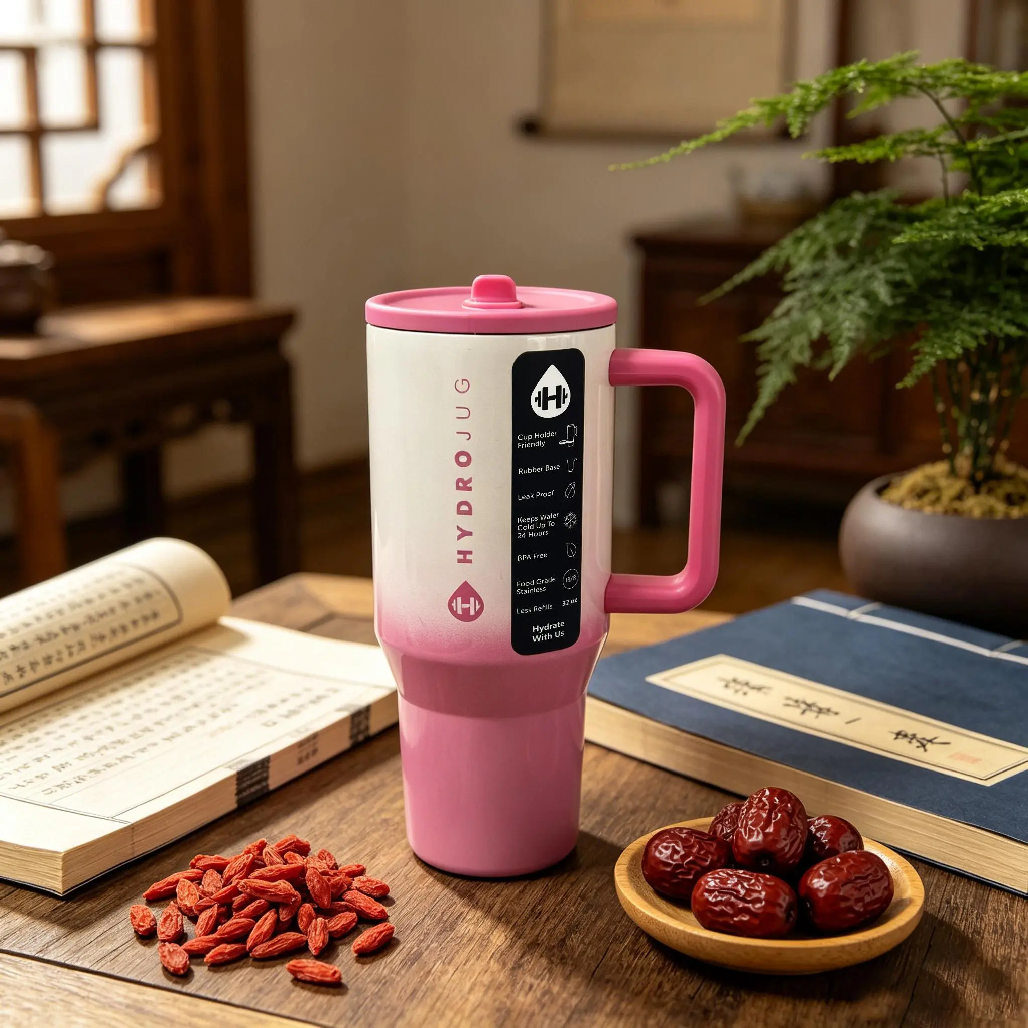 Hydrojug Traveler 32 oz Gradient Pink-White Insulated Vacuum Flask - Retro Anti-Leak Design, Insulation Lid, Straw, Handle Tumbler Water Bottle for Camping, Gym, Coffee, Birthday Gift Option, Water Bottles