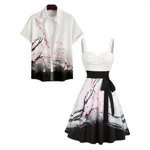 DRESSLILY 2026 Couple Set Floral Print Women's Sweetheart Neck Ruched Bust Belt Dress and Men's Button Up Shirt Hawaii Outfit Sleeve