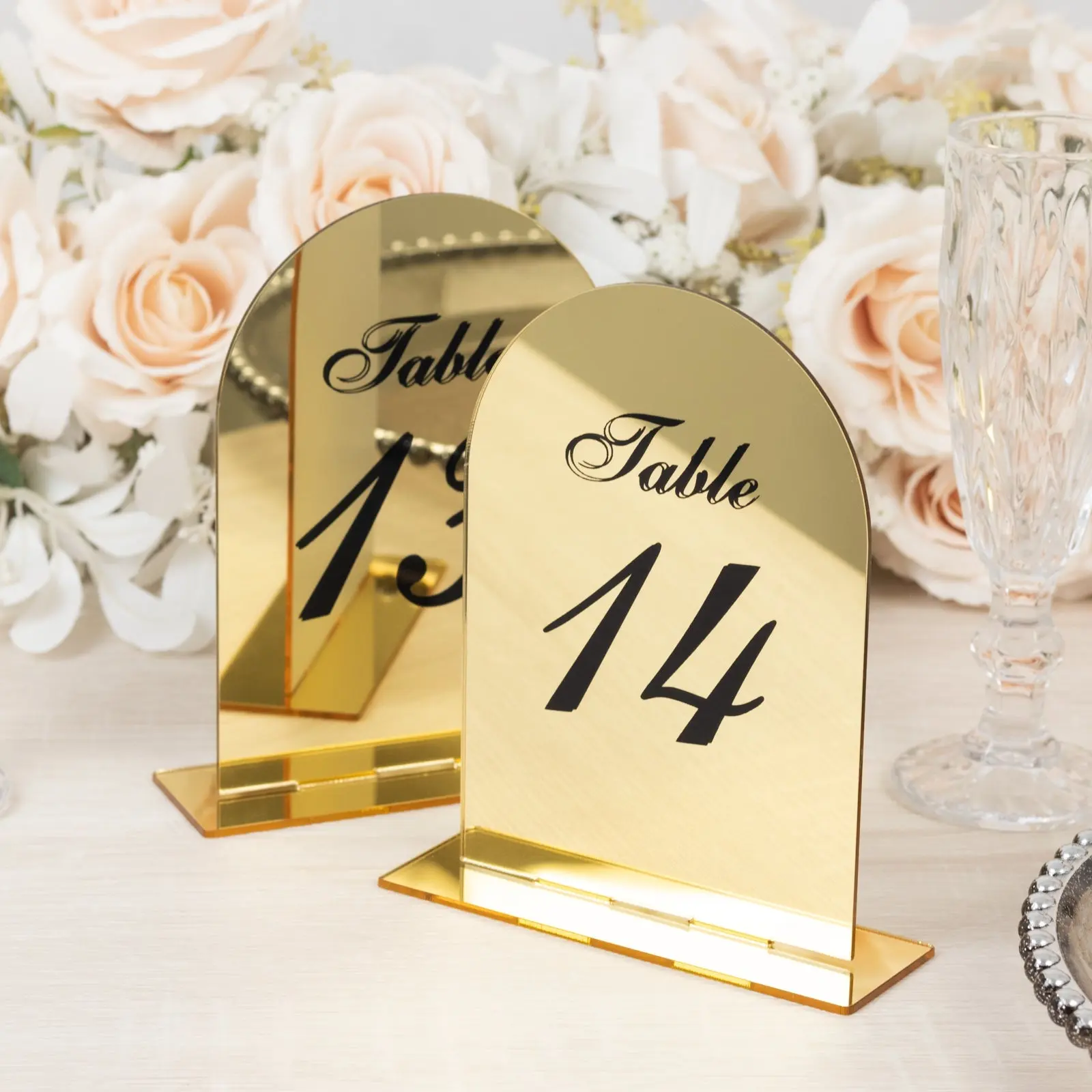 Arch Shape Gold Mirror Acrylic Table Numbers (11-20) - 6"x7" Wedding Reception Signs with Black Print & Stands, for Wedding, Anniversary, Birthday, Engagement Party Decor
