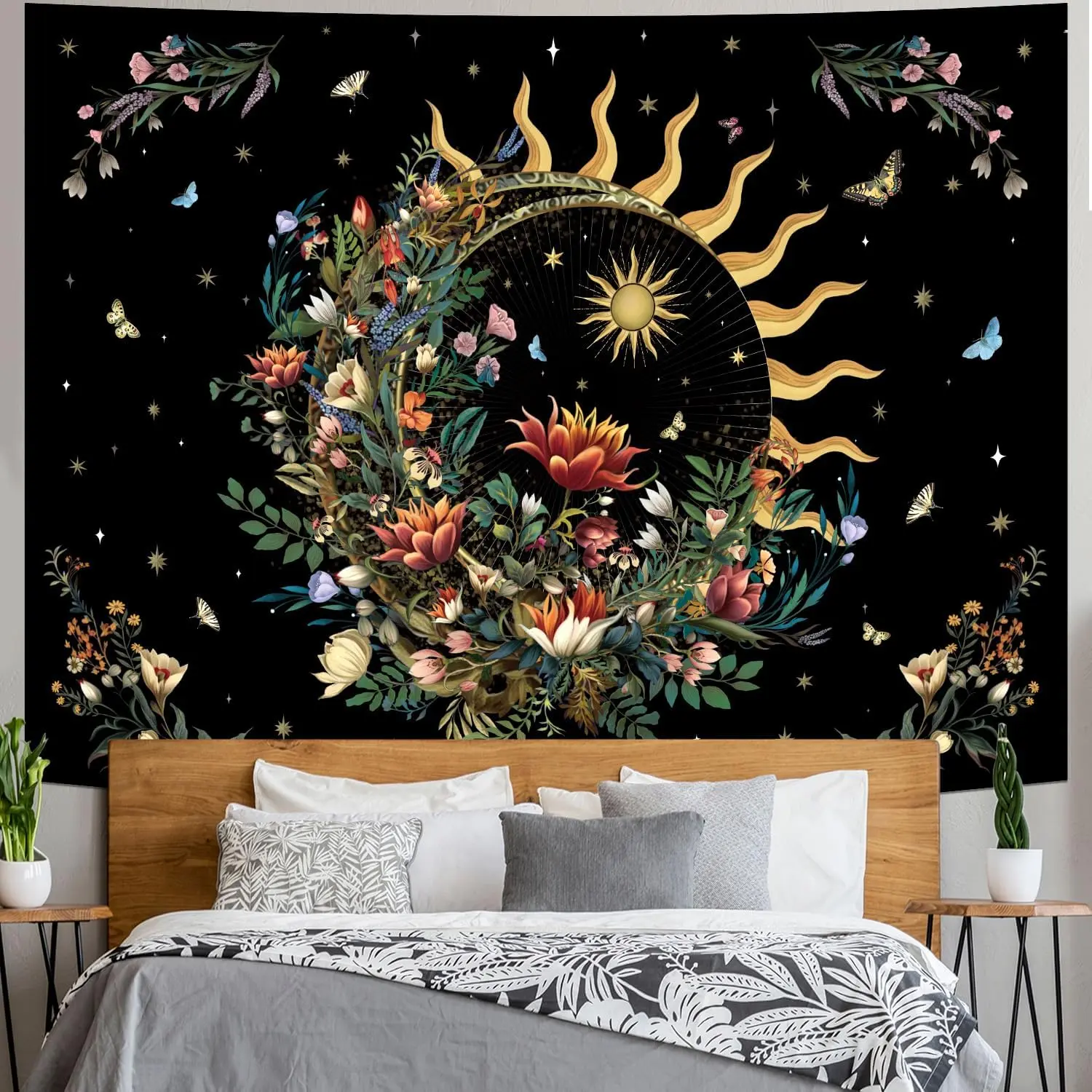 Floral Plants Tapestry Sun and Moon Tapestry Retro Botanical Flowers Butterfly Tapestry Black Starry Sky Wall Tapestry Vintage Boho Aesthetic Tapestry Wall Hanging for Bedroom