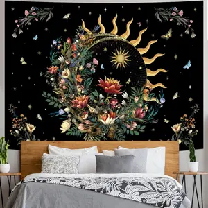 Floral Plants Tapestry Sun and Moon Tapestry Retro Botanical Flowers Butterfly Tapestry Black Starry Sky Wall Tapestry Vintage Boho Aesthetic Tapestry Wall Hanging for Bedroom