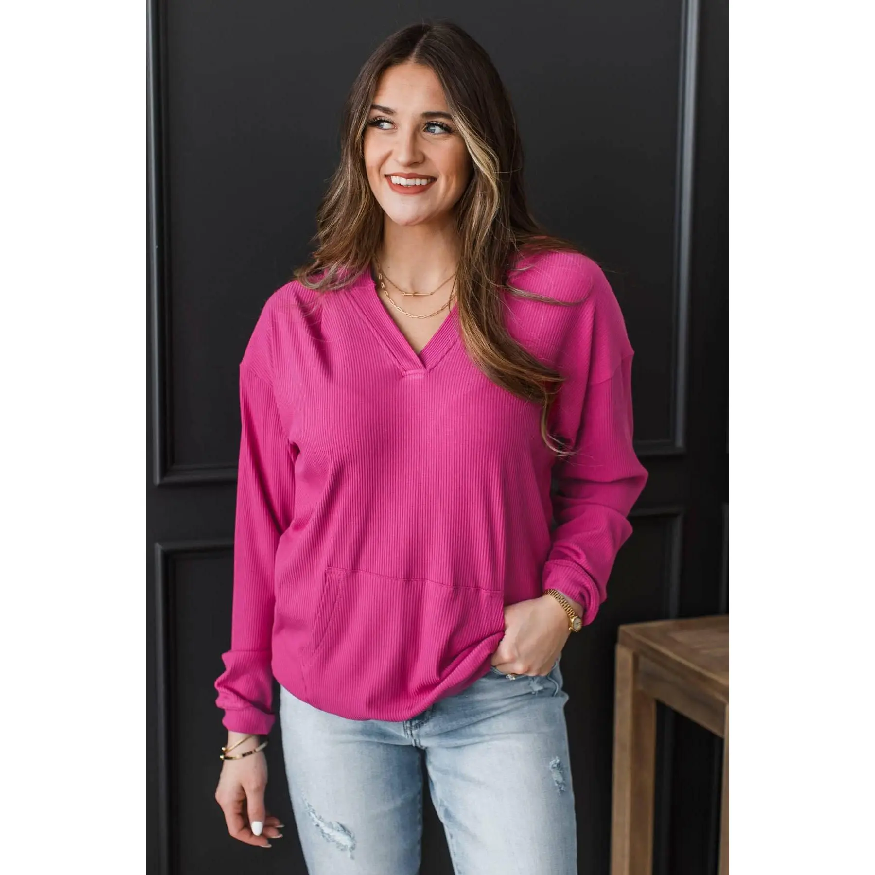 Women's Ribbed Lightweight Hoodie with Kangaroo Pocket, Soft Fabric, Flattering Fit - Dark Fuchsia Tops for Instant Comfort, Sweatshirts, Pullover, Casual