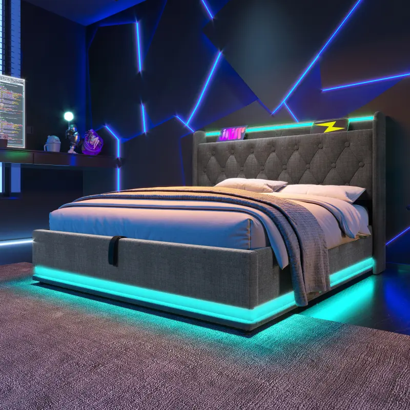 Lift Up Storage Bed Twin/Full/Queen/King Size Upholstered Platform Bed 360 surround LED function, Buttons/Apps/Remote Control, hydraulic storage bed with USB Type-C charging, Gray,Linen (Without mattress)