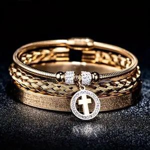 3pcs/set Round Cross Pendant Bracelet Stainless Steel Spanish Scripture Men'S Fashion Bracele