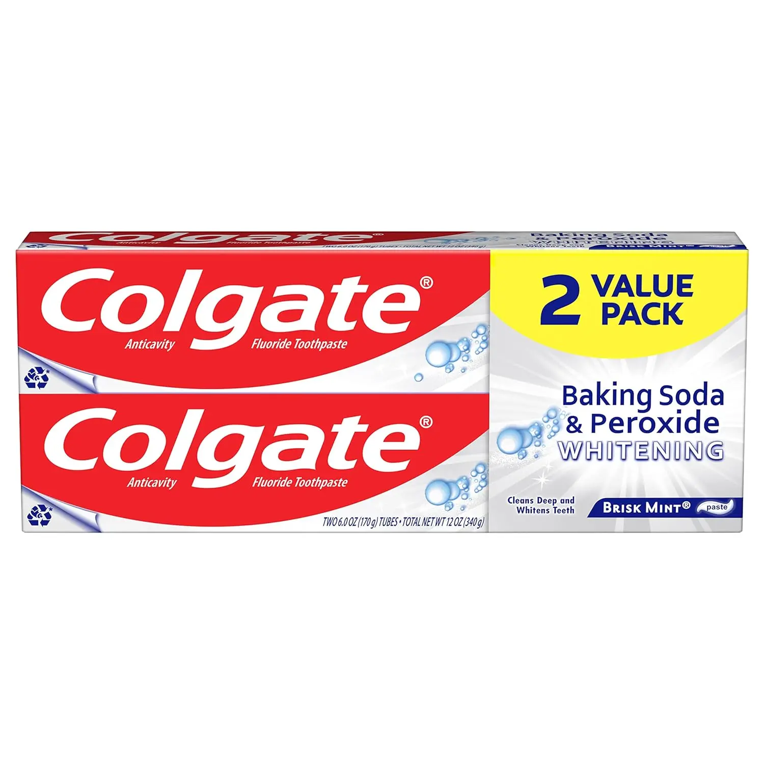 Colgate Baking Soda & Peroxide Whitening Toothpaste - Brisk Mint, 6 Ounce, Pack of 2, Fights Cavities, Removes Stains, Oral Care