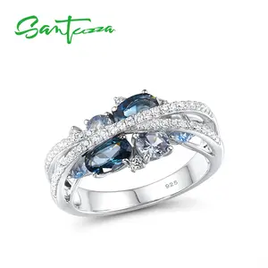 SANTUZZA Lab Created Blue Spinel White Cubic Zirconia 925 Silver Ring Chic Jewelry
