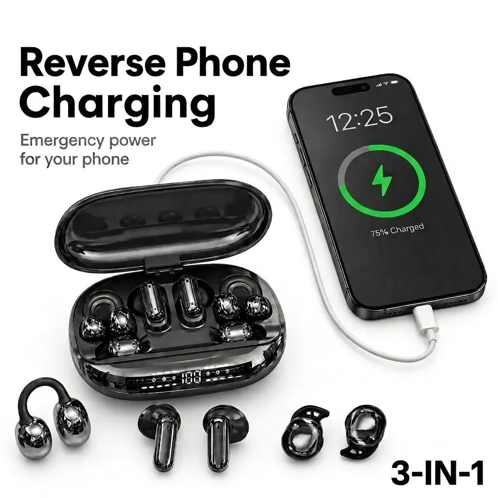 GT699S Bluetooth Wireless Earbuds with Chargeable Power Bank Case, 6 Earbuds, Clip-On Design, Noise Cancellation, Water Resistant, Reverse Phone Charging, Audio for Sports & Sleep, Android & iOS Compatible