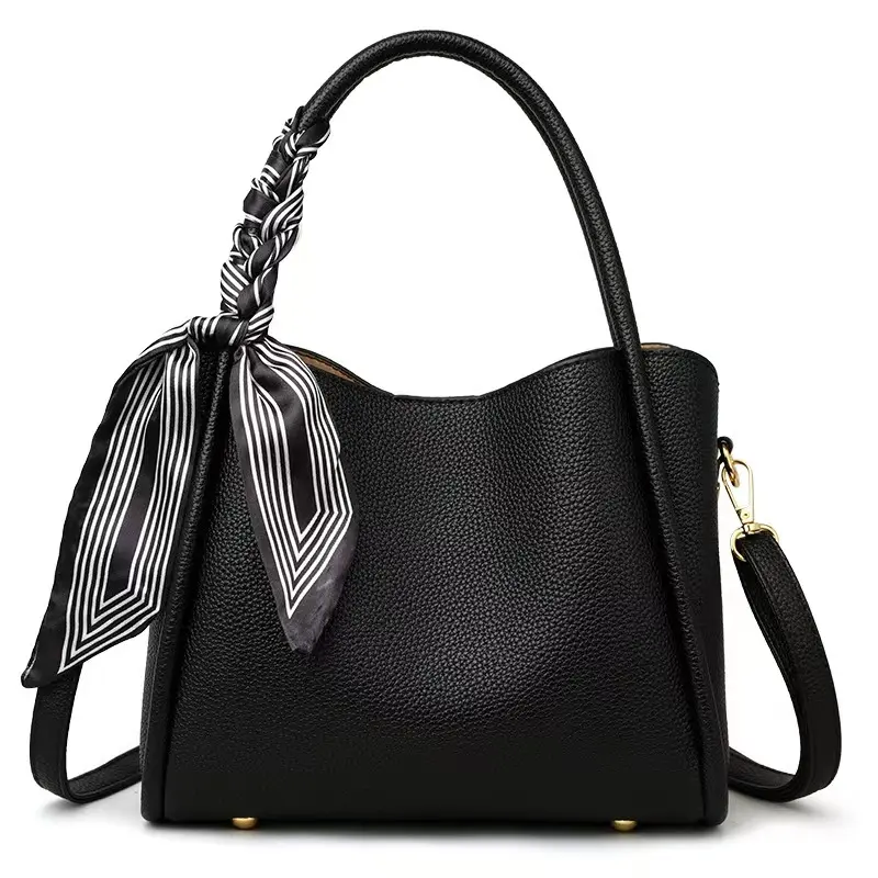 Women's Lychee Pattern PU Leather Bucket Bag, Casual Trendy Purse with Shoulder Strap & Twilly Scarf, an Everyday Bag for Daily Commute, Fashionable Bag