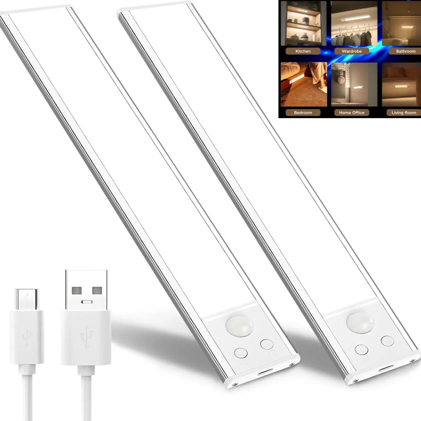 LED Cabinet Light, Motion Sensor Night Lamp (2pc), USB Rechargeable, 3-Tone Dimmable, Ideal for Kitchen, Bathroom, Garage, Closet