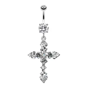 CZ Crystal Cross My Heart Dangling Belly Button Ring - Stainless Steel