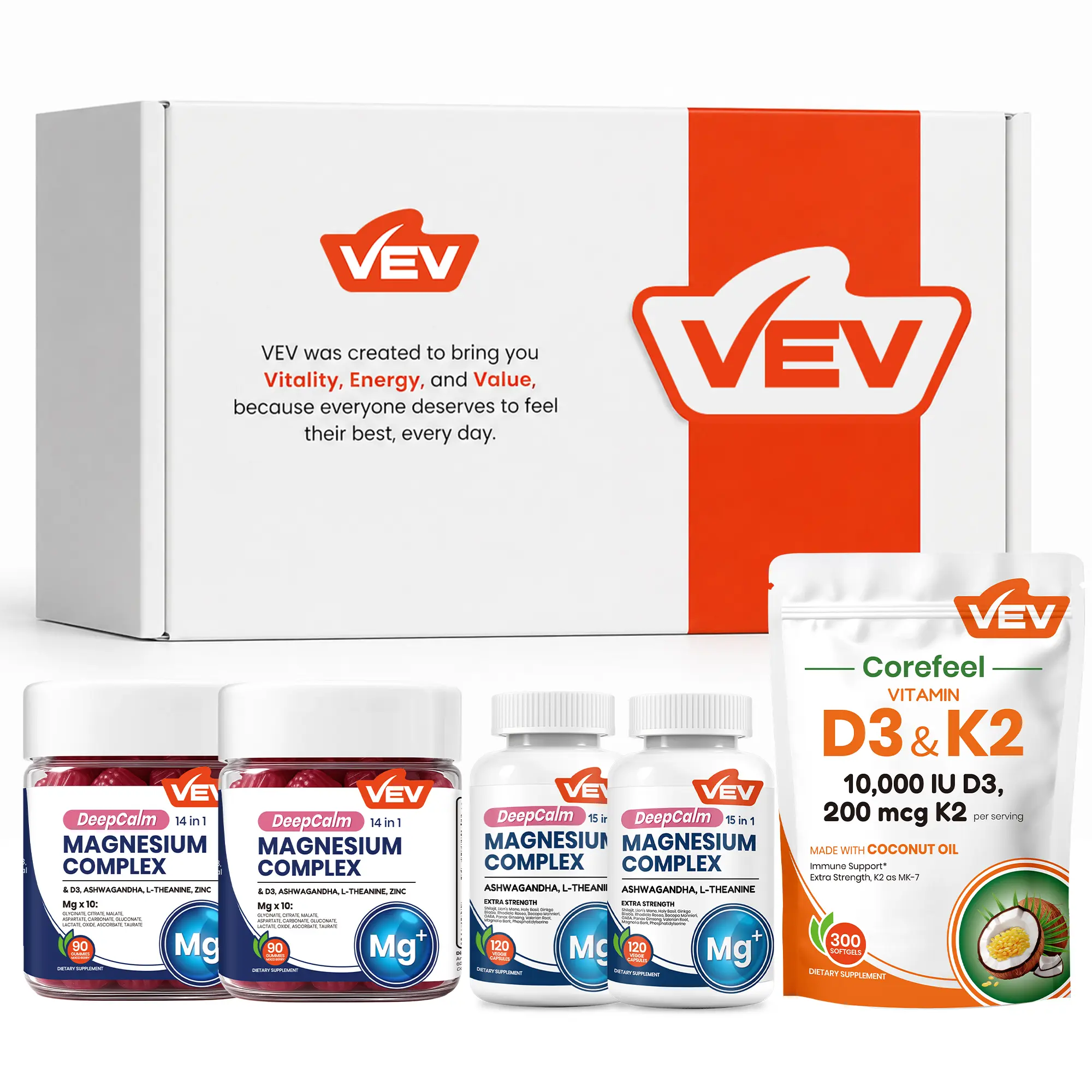 VEV Daily Wellness Set- 2 Magnesium Gummies + 2 Magnesium Capsules + Vitamin D3 K2 Softgels, 5-Pack