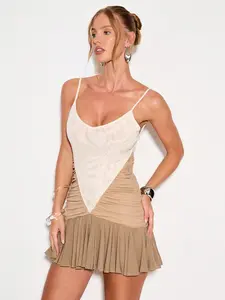 KIZN Mini Dress Ruched Panel Evening Party Mesh Insert Flare Hem Chic Holiday Club Wear Elegant Night Out Mini Dress