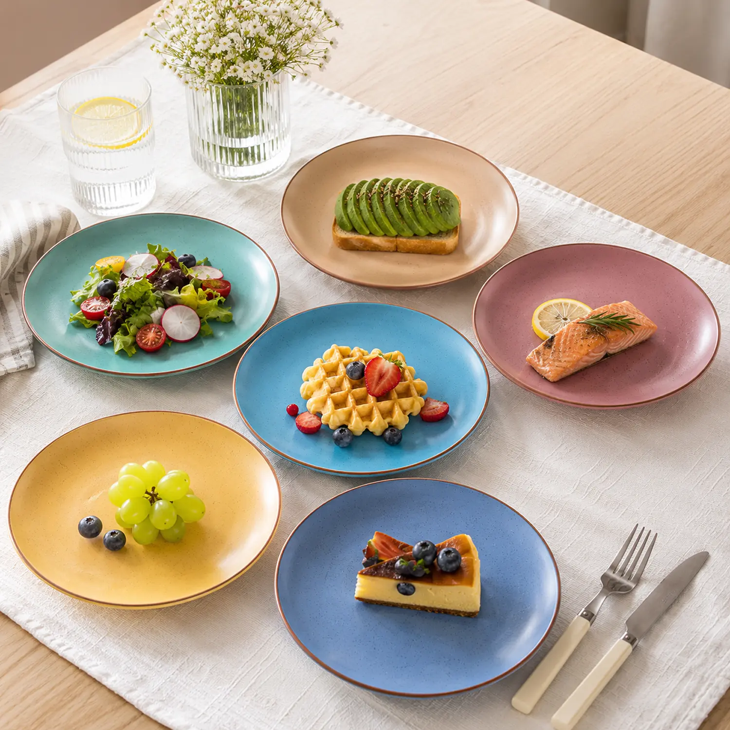 6PCS Colorful Ceramic Salad Plates - 8.5in Matte Glazed Dinnerware with Speckled Design, Brown Rim, Non-Toxic, Dishwasher Safe for Appetizer, Dessert, Sandwiches Kitchen Use