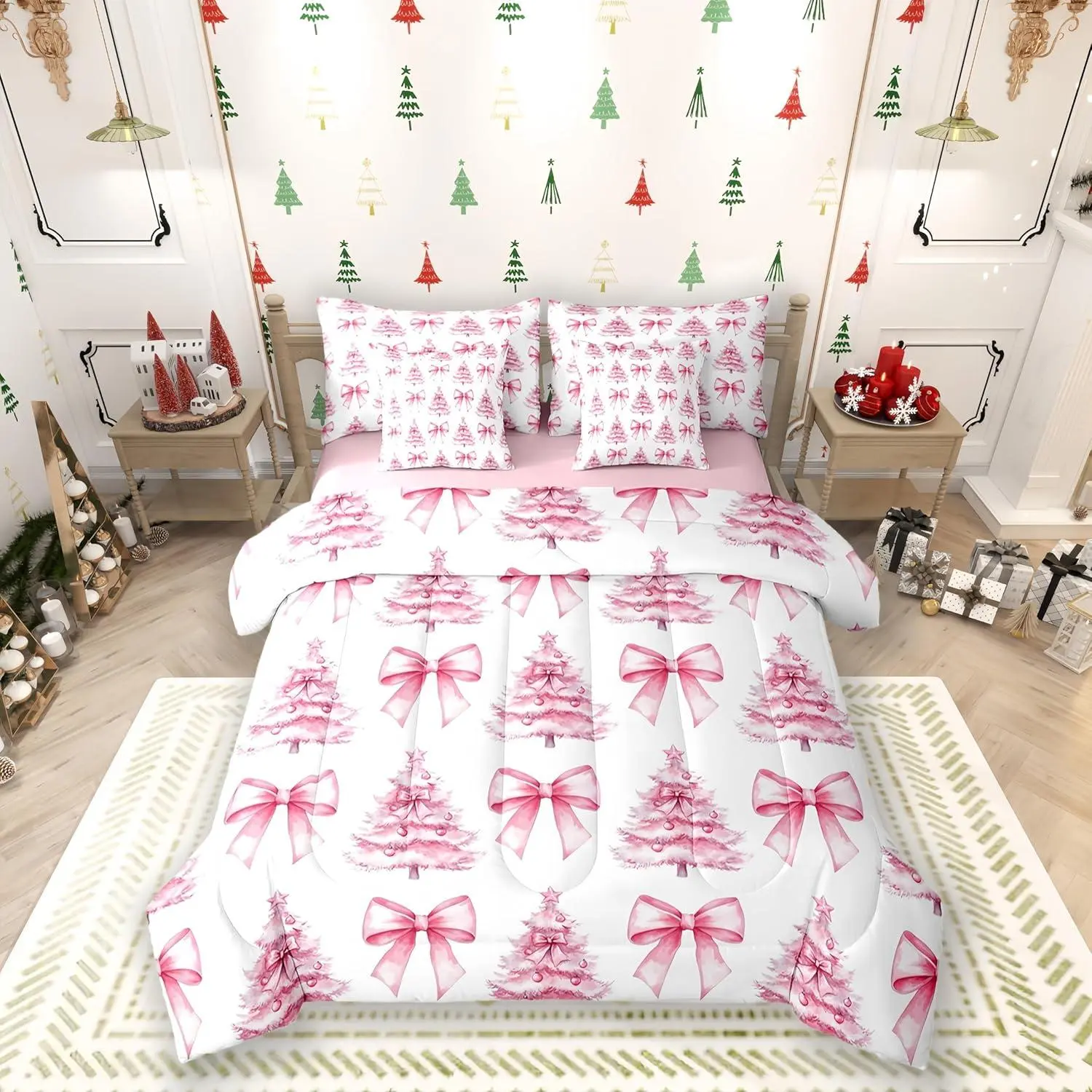 7 Pieces Pink Bowknot Kids Comforter,Christmas Trees Pine Bow Tie Toddler Bedding Set,Merry Christmas Happy New Year Xmas（Comforter+Fitted+Flat Sheet+2 Pillowcases+2 Throw Pillow Covers）